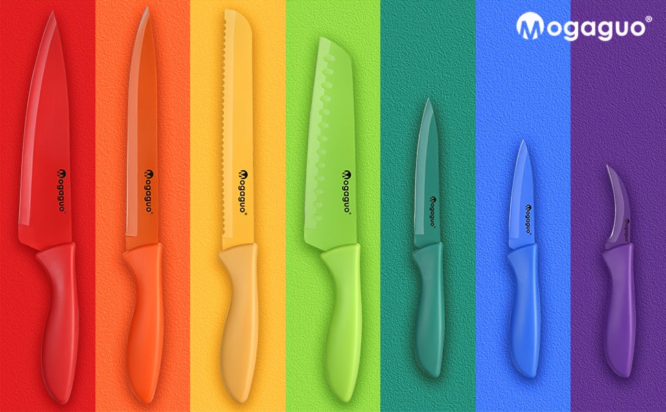 Kitchen Knife Set Dishwasher Safe Sharp Stainless Steel  Professional with Sheaths 14pcs Rainbow 7 Knives/7 Blade Guards Non Stick