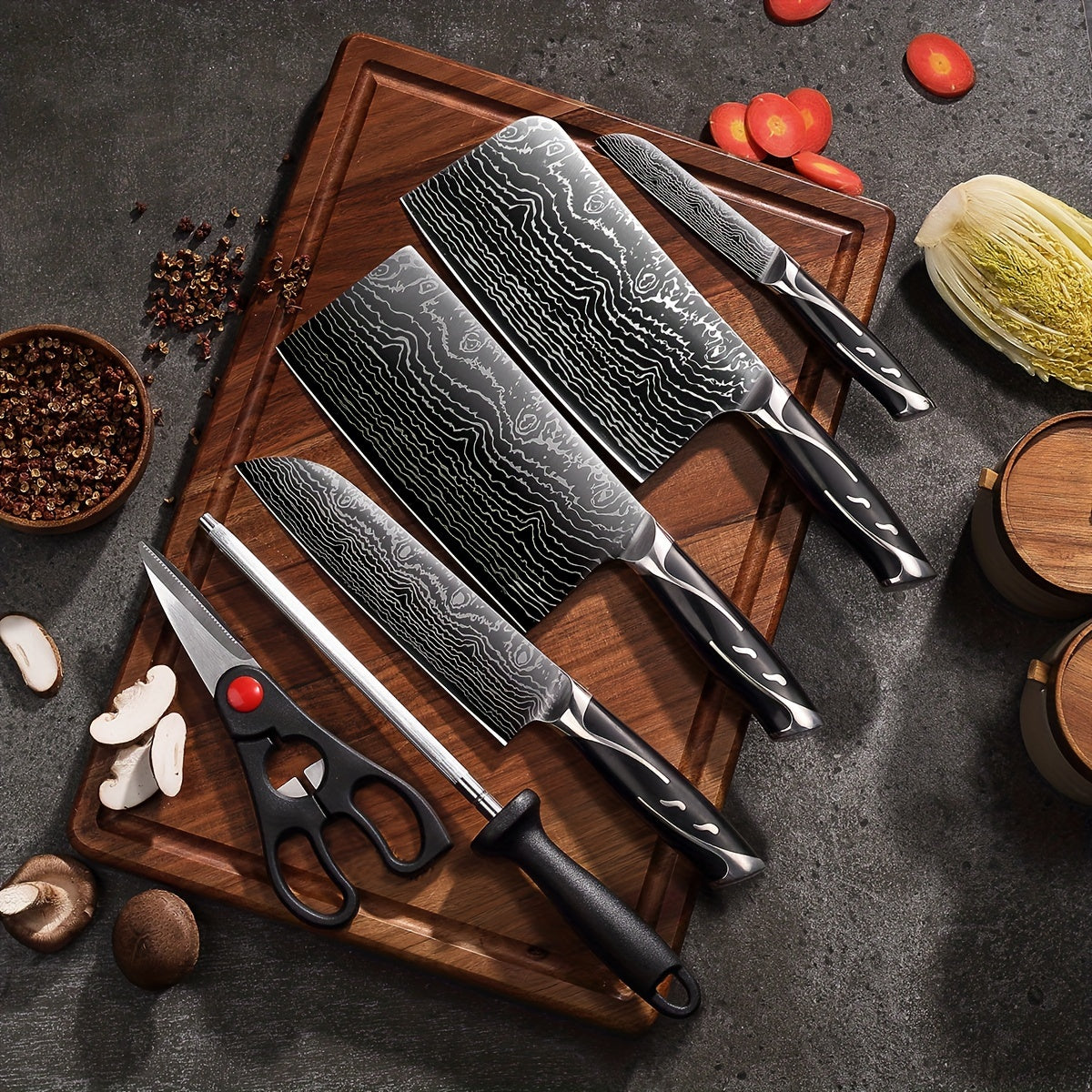 7pcs Damascus Pattern Stainless Steel Kitchen Knife Set with Universal Knife Holder