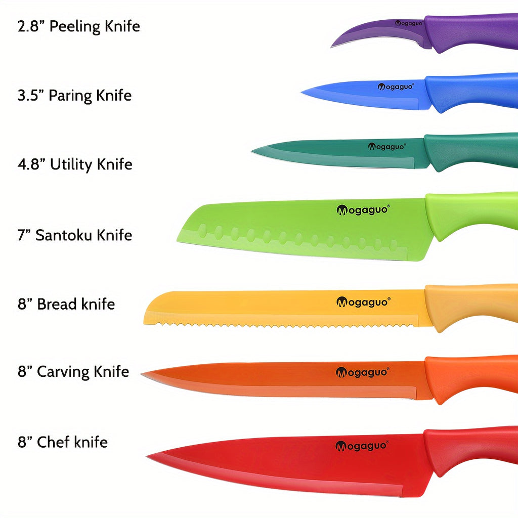 Kitchen Knife Set Dishwasher Safe Sharp Stainless Steel  Professional with Sheaths 14pcs Rainbow 7 Knives/7 Blade Guards Non Stick