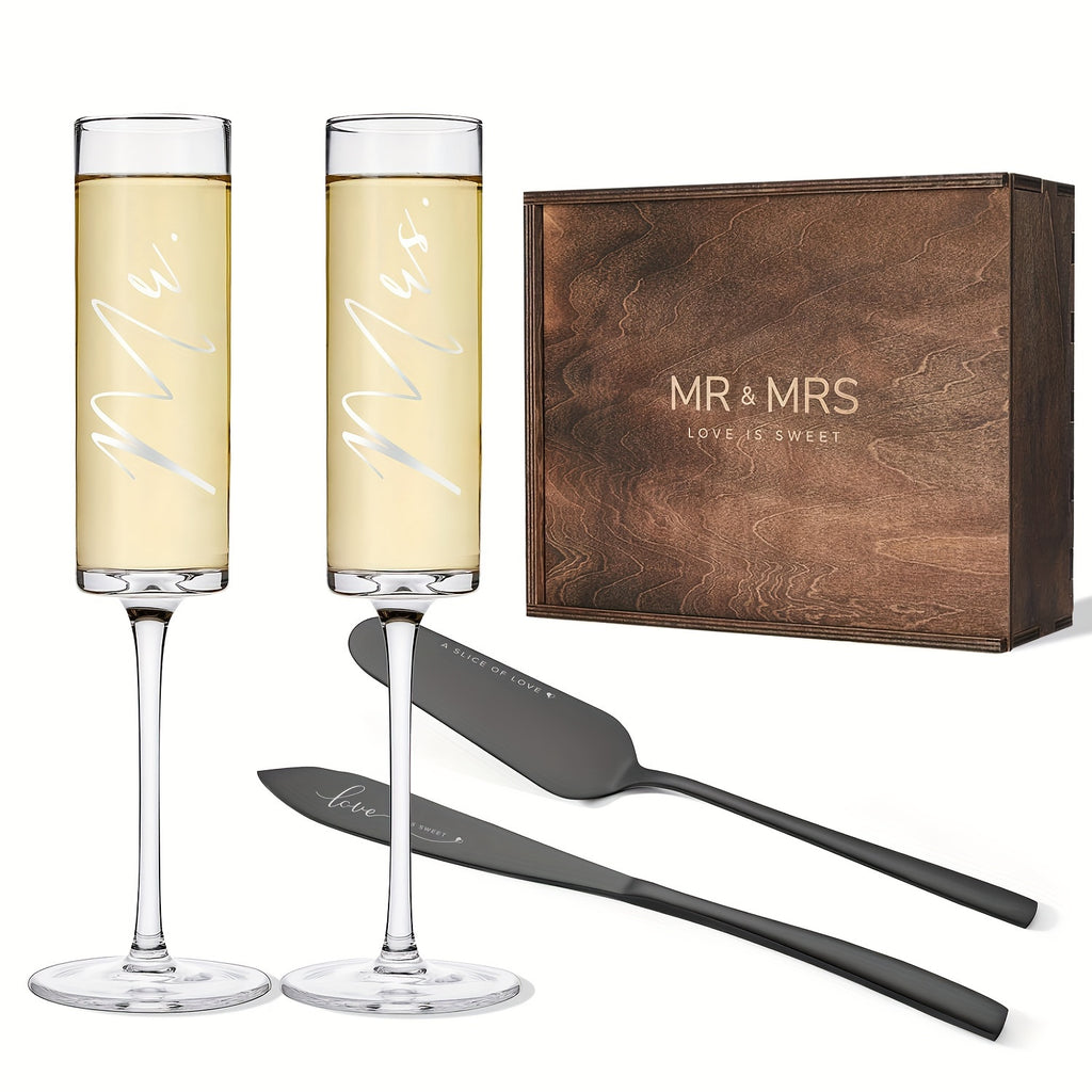 AW BRIDAL Champagne Flutes Bride and Groom Set of 2 Wedding Cake Knife Set Christmas Bridal Shower