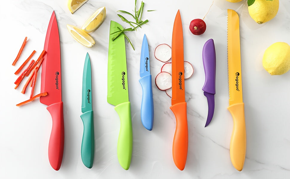 Kitchen Knife Set Dishwasher Safe Sharp Stainless Steel  Professional with Sheaths 14pcs Rainbow 7 Knives/7 Blade Guards Non Stick