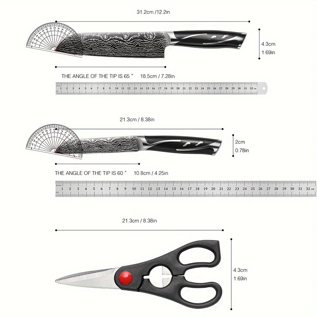 7pcs Damascus Pattern Stainless Steel Kitchen Knife Set with Universal Knife Holder