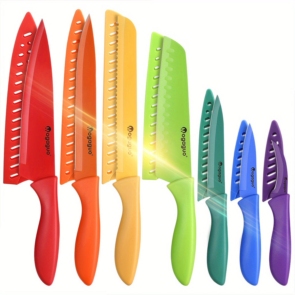 Kitchen Knife Set Dishwasher Safe Sharp Stainless Steel  Professional with Sheaths 14pcs Rainbow 7 Knives/7 Blade Guards Non Stick