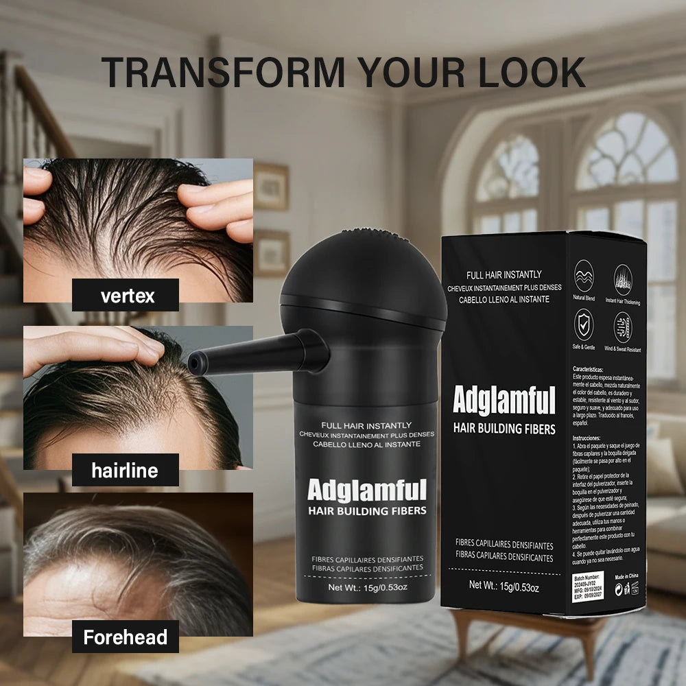 "Adglamful Hair Fiber Kit 15g Unisex Adds Volume Conceals Thinning Fills Hairline