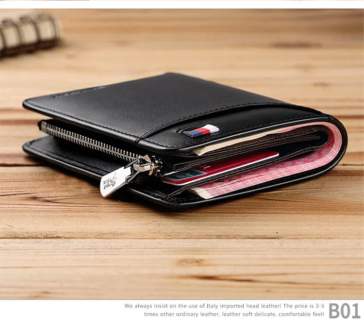 Genuine Leather Wallet Men's Business Card Holder Short Zipper
