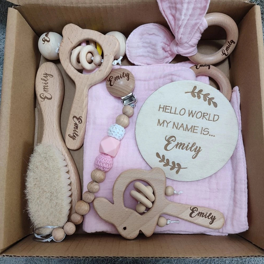Baby Gift Box 8pcs Personalized Name Natural Wood Teether Rattle Set Baby Name Announcement Baby Brush