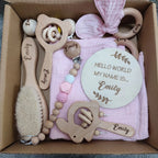 Baby Gift Box 8pcs Personalized Name Natural Wood Teether Rattle Set Baby Name Announcement Baby Brush