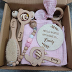 Baby Gift Box 8pcs Personalized Name Natural Wood Teether Rattle Set Baby Name Announcement Baby Brush