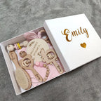 Baby Gift Box 8pcs Personalized Name Natural Wood Teether Rattle Set Baby Name Announcement Baby Brush