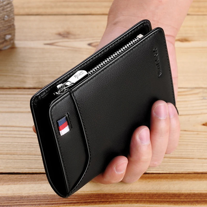 Genuine Leather Wallet Men's Business Card Holder Short Zipper