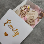 Baby Gift Box 8pcs Personalized Name Natural Wood Teether Rattle Set Baby Name Announcement Baby Brush