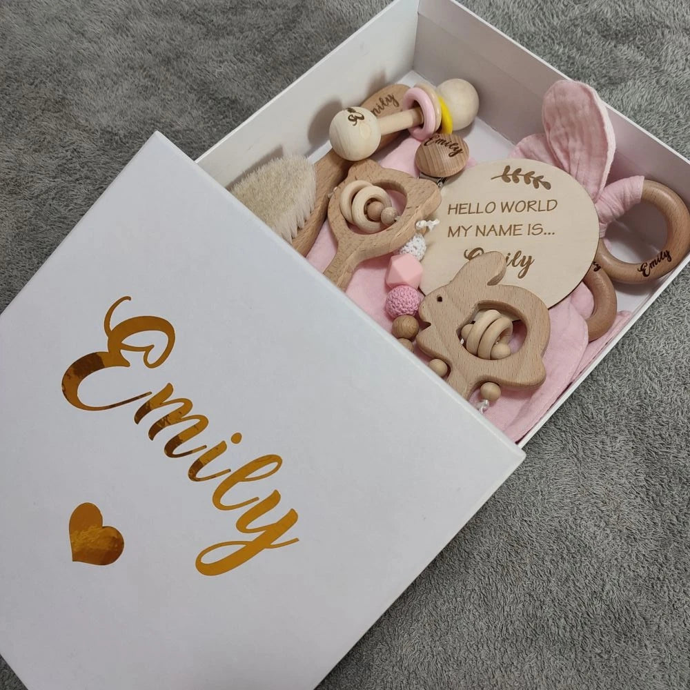 Baby Gift Box 8pcs Personalized Name Natural Wood Teether Rattle Set Baby Name Announcement Baby Brush
