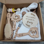 Baby Gift Box 8pcs Personalized Name Natural Wood Teether Rattle Set Baby Name Announcement Baby Brush