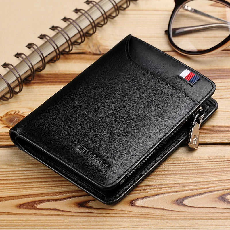Genuine Leather Wallet Men's Business Card Holder Short Zipper