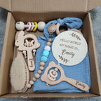 Baby Gift Box 8pcs Personalized Name Natural Wood Teether Rattle Set Baby Name Announcement Baby Brush