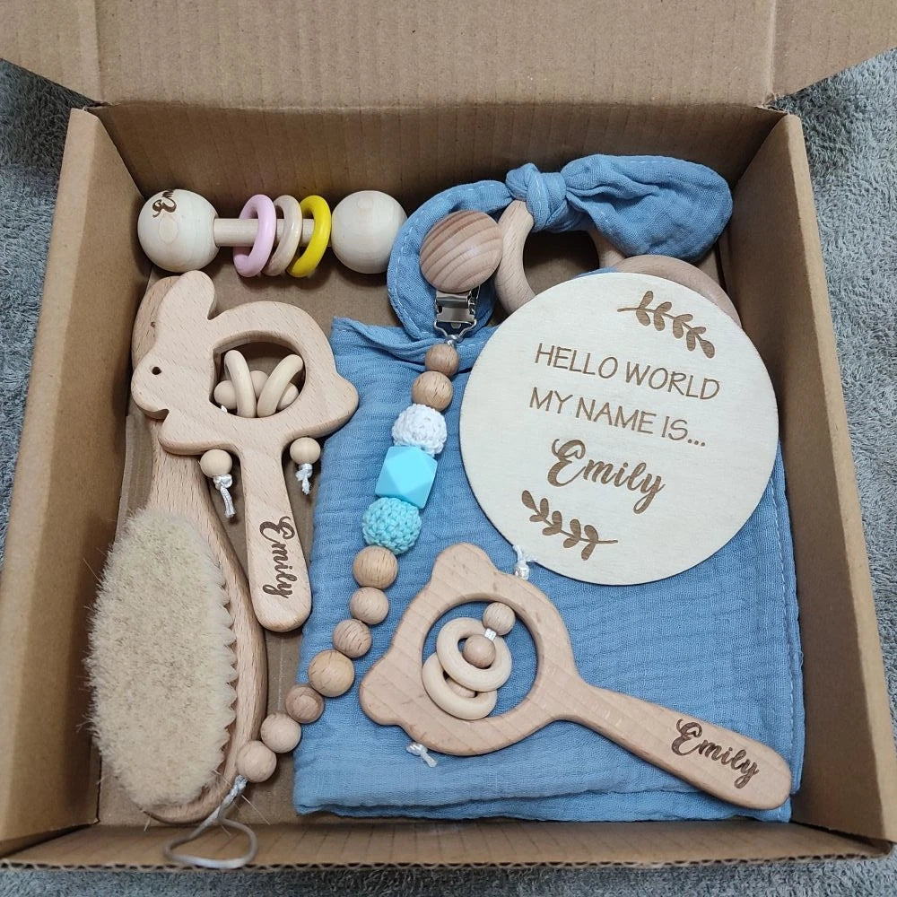 Baby Gift Box 8pcs Personalized Name Natural Wood Teether Rattle Set Baby Name Announcement Baby Brush