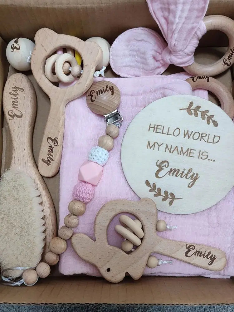 Baby Gift Box 8pcs Personalized Name Natural Wood Teether Rattle Set Baby Name Announcement Baby Brush
