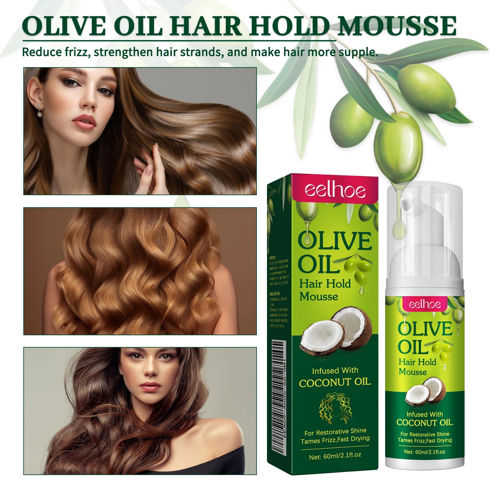 Olive Oil Hair Styling Mousse Long Lasting Reduces Frizz Prevents Breakage Maintains Curls