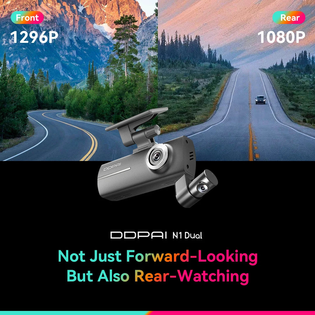 DDPAI Dash Cam N1 Dual Front & Rear Recording Night VIS 1296P Car DVR App Control