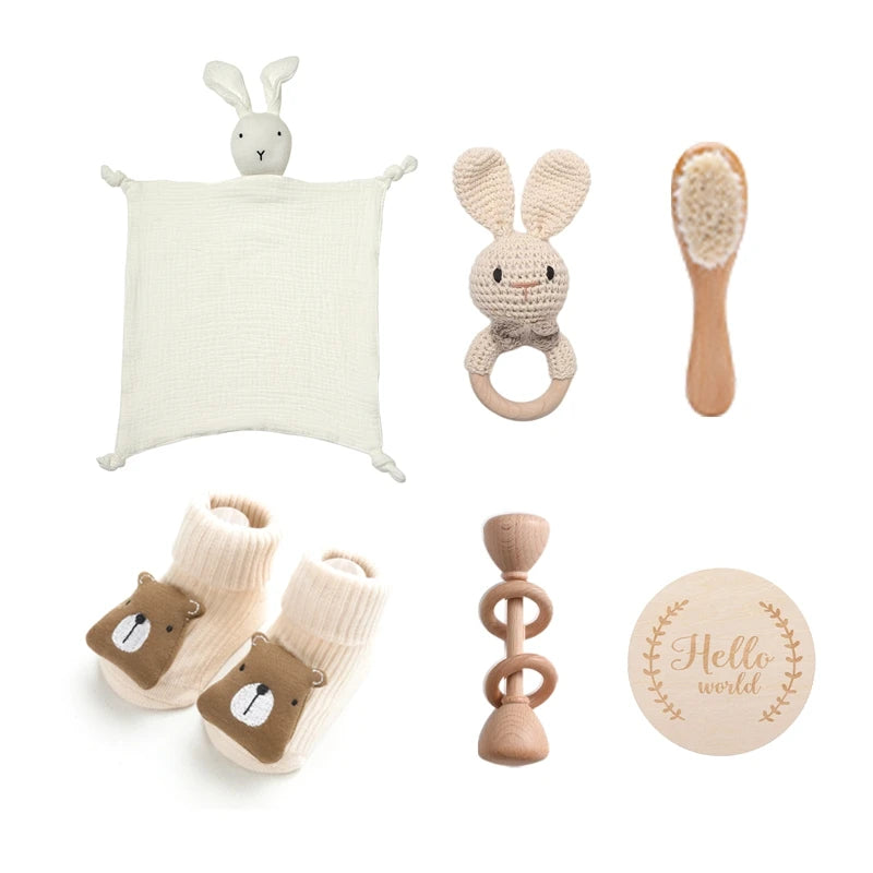 Baby Bath Set Cotton Blanket 7PCS Gift Box Wooden Crochet Rattle Brush Bracelet Towel For Baby Shower Gift