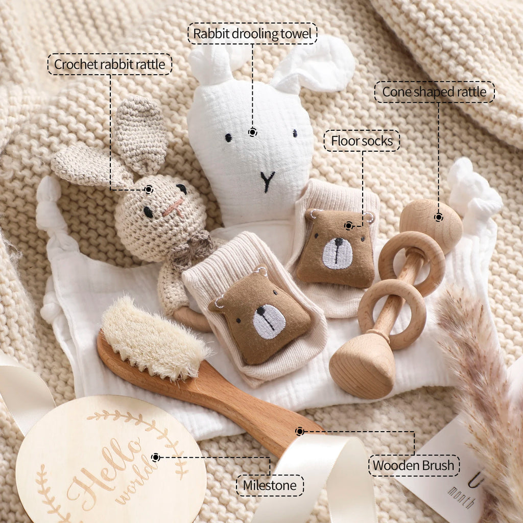Baby Bath Set Cotton Blanket 7PCS Gift Box Wooden Crochet Rattle Brush Bracelet Towel For Baby Shower Gift