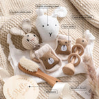 Baby Bath Set Cotton Blanket 7PCS Gift Box Wooden Crochet Rattle Brush Bracelet Towel For Baby Shower Gift