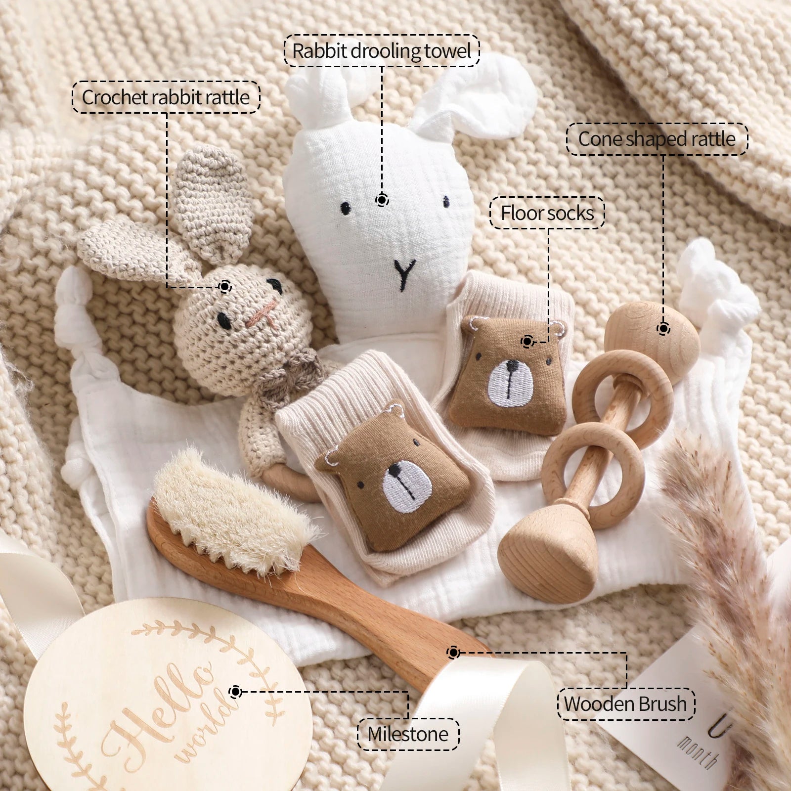 Baby Bath Set Cotton Blanket 7PCS Gift Box Wooden Crochet Rattle Brush Bracelet Towel For Baby Shower Gift