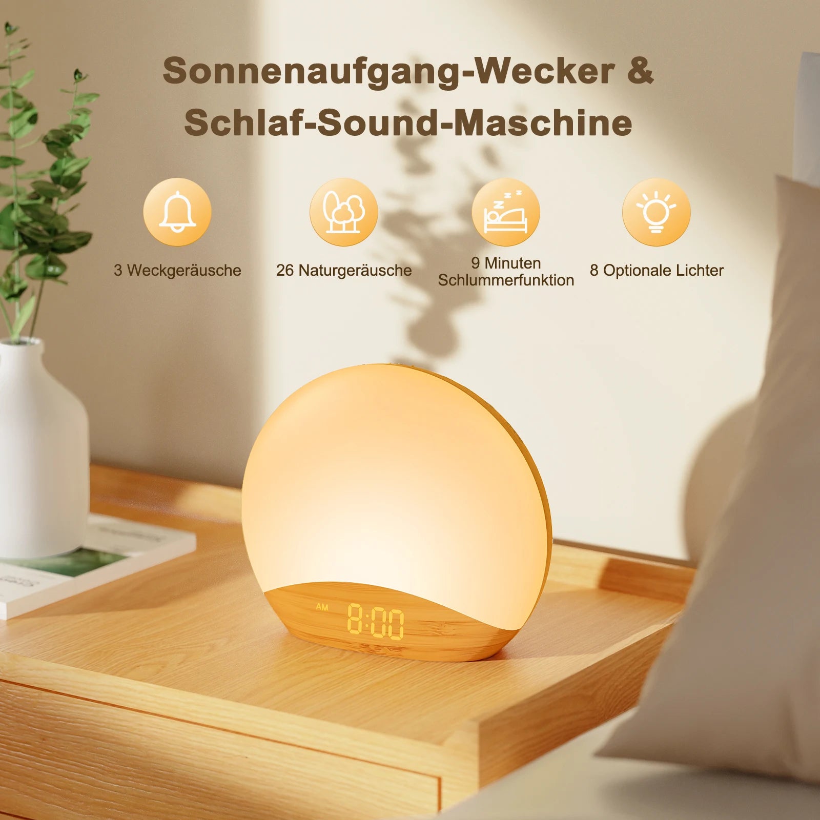 Wood Grain Sunrise Alarm Clock Sound Machine Nightlight Digital Dimmable for Bedroom 26 Sleep Sounds Baby Adults Kids