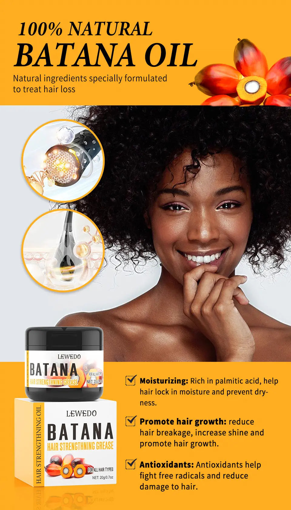 100% Pure Batana Hair Care Oil Growth Nourish Reduce Hair Loss Anti-Breakage Thickening