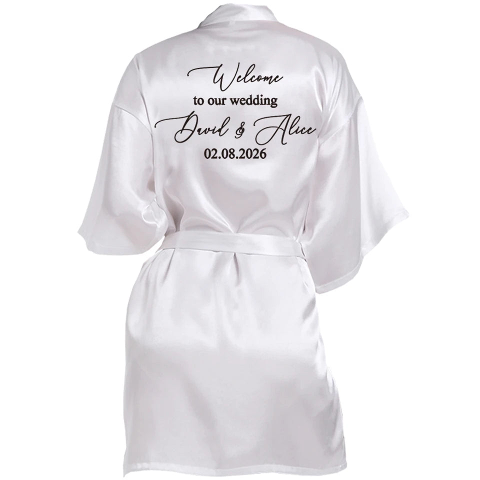 Customized Name Date Wedding Bathrobe Faux Silk Bridal Robe Bridesmaid