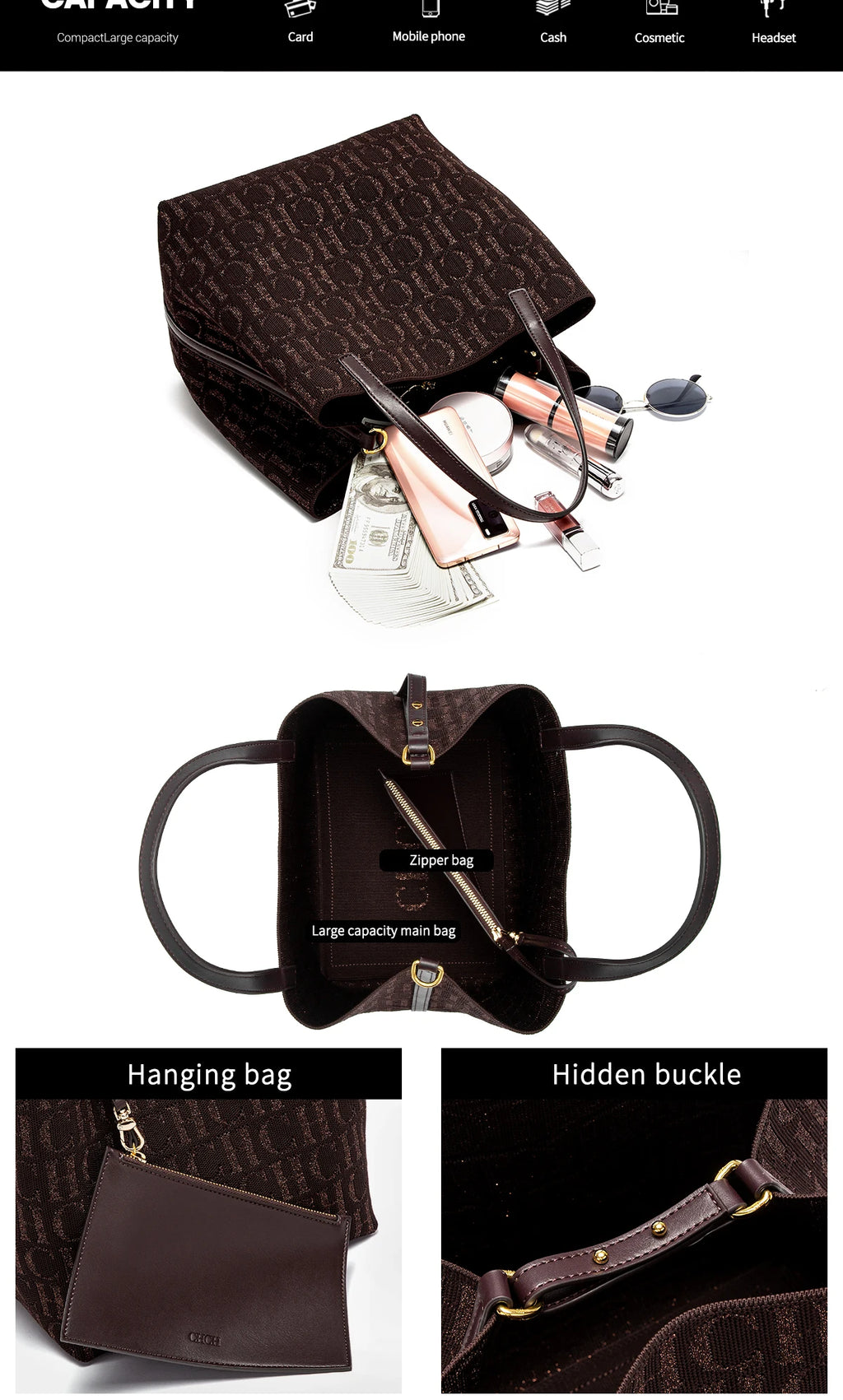 Fashion New Solid Color Women's Bucket Bag Large Capacity Letter Design Small Card Bag Accessories Handbag