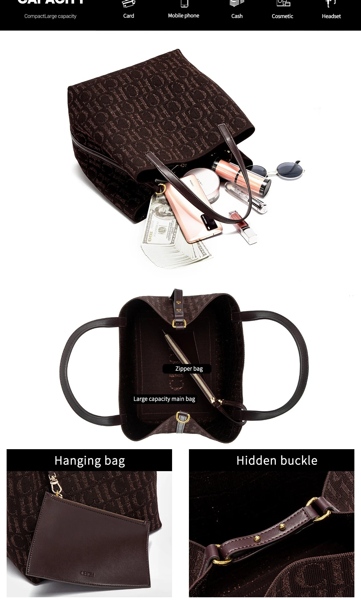 Fashion New Solid Color Women's Bucket Bag Large Capacity Letter Design Small Card Bag Accessories Handbag