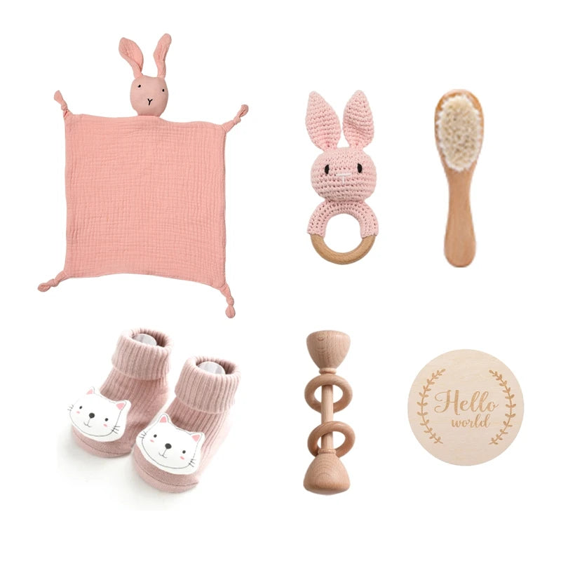 Baby Bath Set Cotton Blanket 7PCS Gift Box Wooden Crochet Rattle Brush Bracelet Towel For Baby Shower Gift