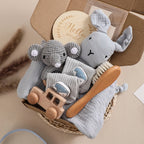 Baby Bath Set Cotton Blanket 7PCS Gift Box Wooden Crochet Rattle Brush Bracelet Towel For Baby Shower Gift