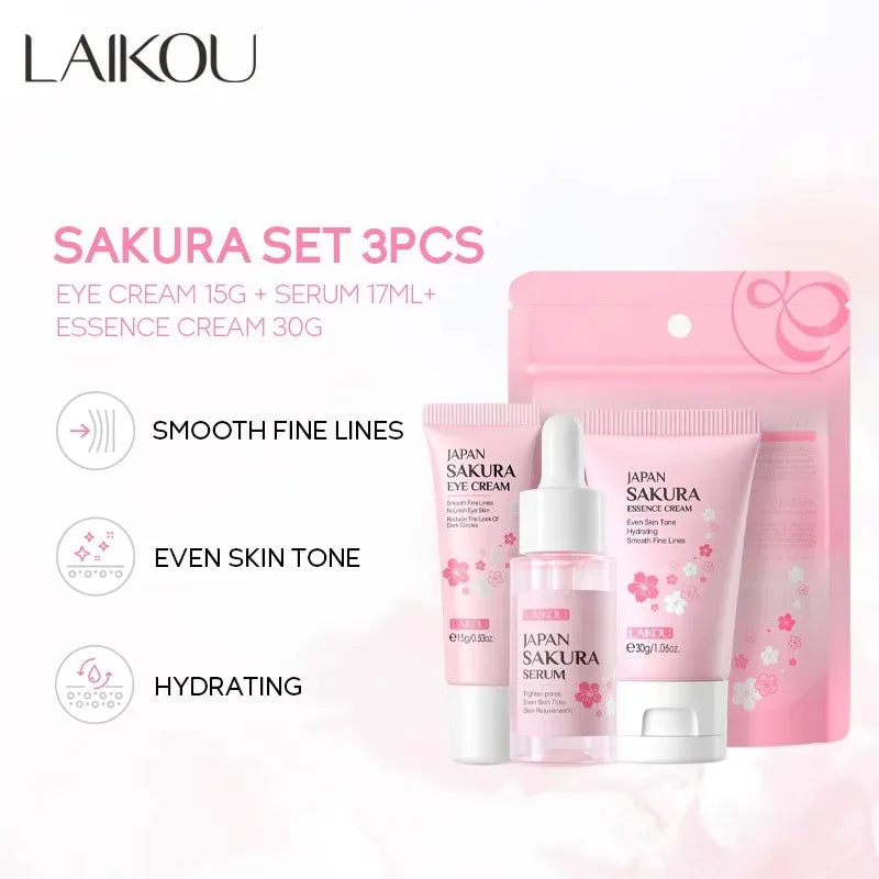 3pcs set LAIKOU Skin Care Vitamin C Sakura Snail Essence Serum Eye Face Cream Moisturizer Travel Size
