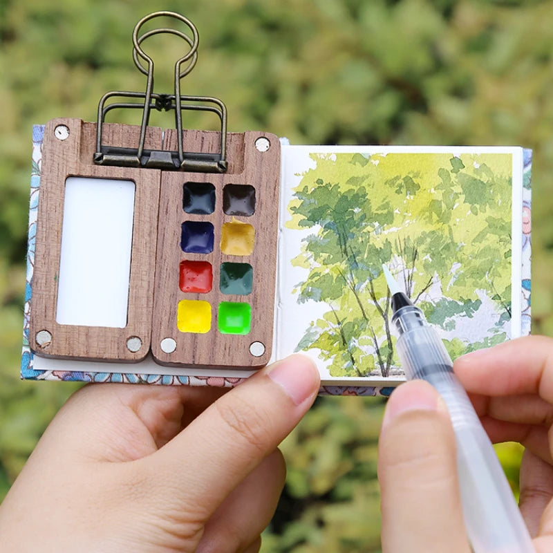 Portable Travel Watercolor Set Schmincke 8 Colors Mini Walnut Paint Box Sketchbook Supplies