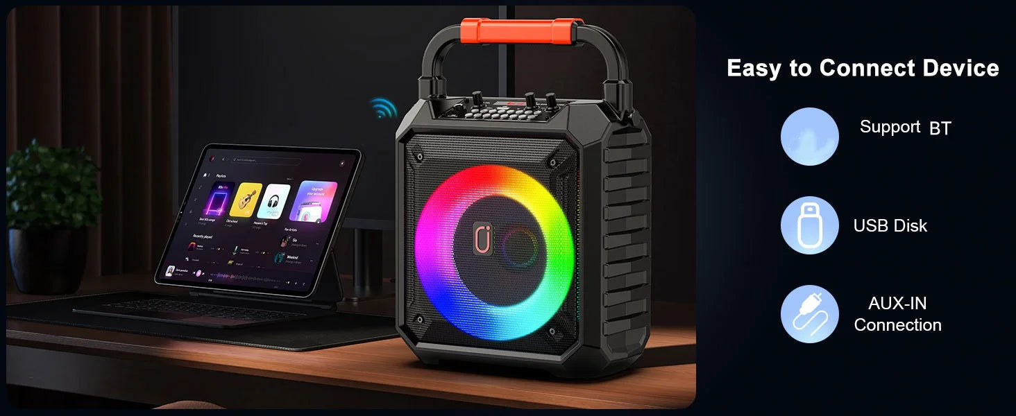 Karaoke Machine with 2 Wireless Microphones Portable Speaker LED Lights Kids Adults