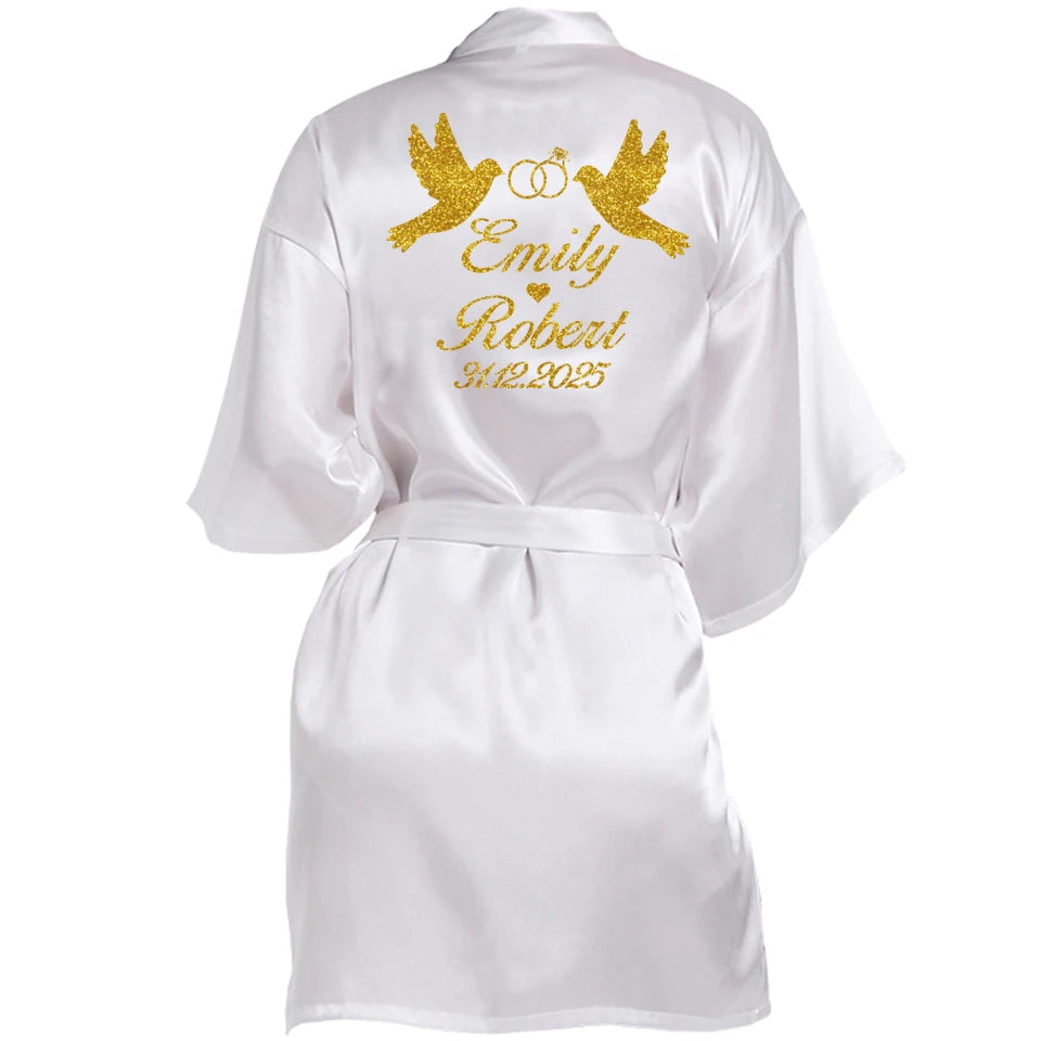 Customized Name Date Wedding Bathrobe Faux Silk Bridal Robe Bridesmaid
