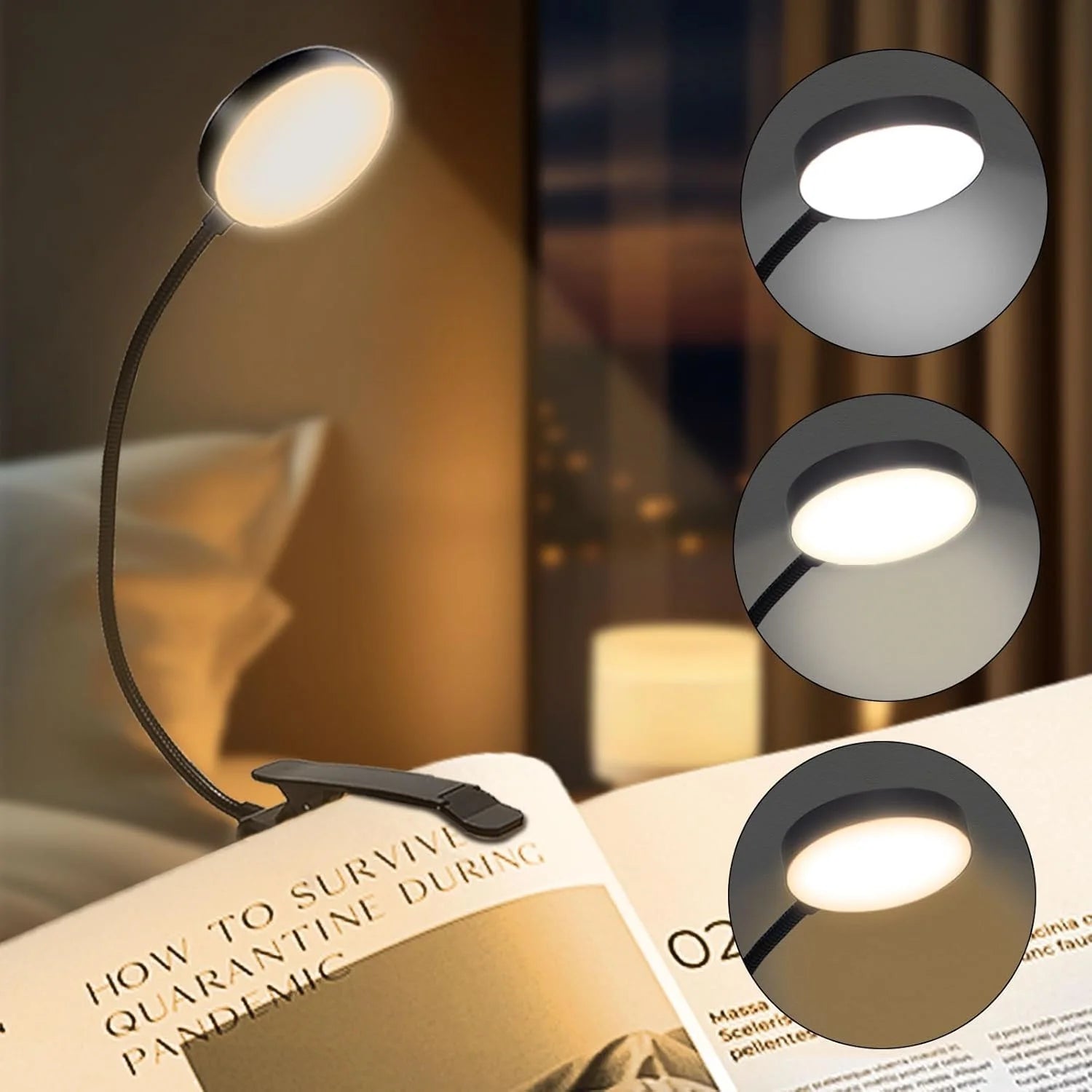 Book Light USB Rechargeable Reading Warm Cool White Daylight Portable Flexible Easy Clip Night Lamp
