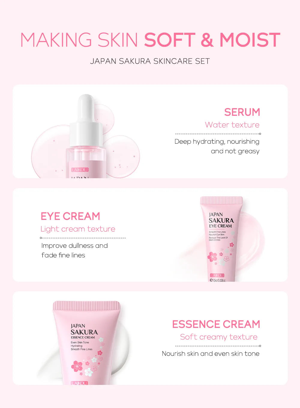 3pcs set LAIKOU Skin Care Vitamin C Sakura Snail Essence Serum Eye Face Cream Moisturizer Travel Size