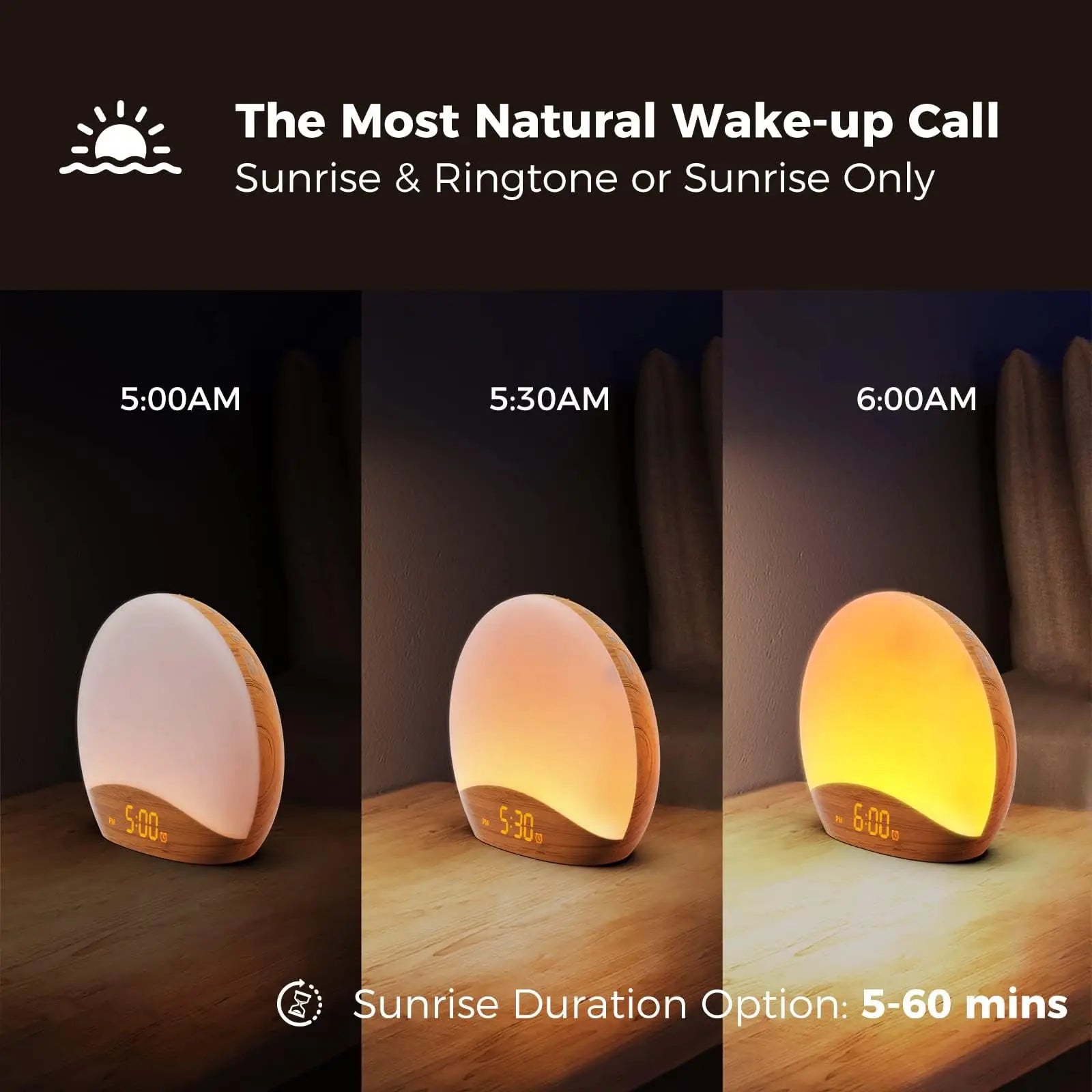 Wood Grain Sunrise Alarm Clock Sound Machine Nightlight Digital Dimmable for Bedroom 26 Sleep Sounds Baby Adults Kids