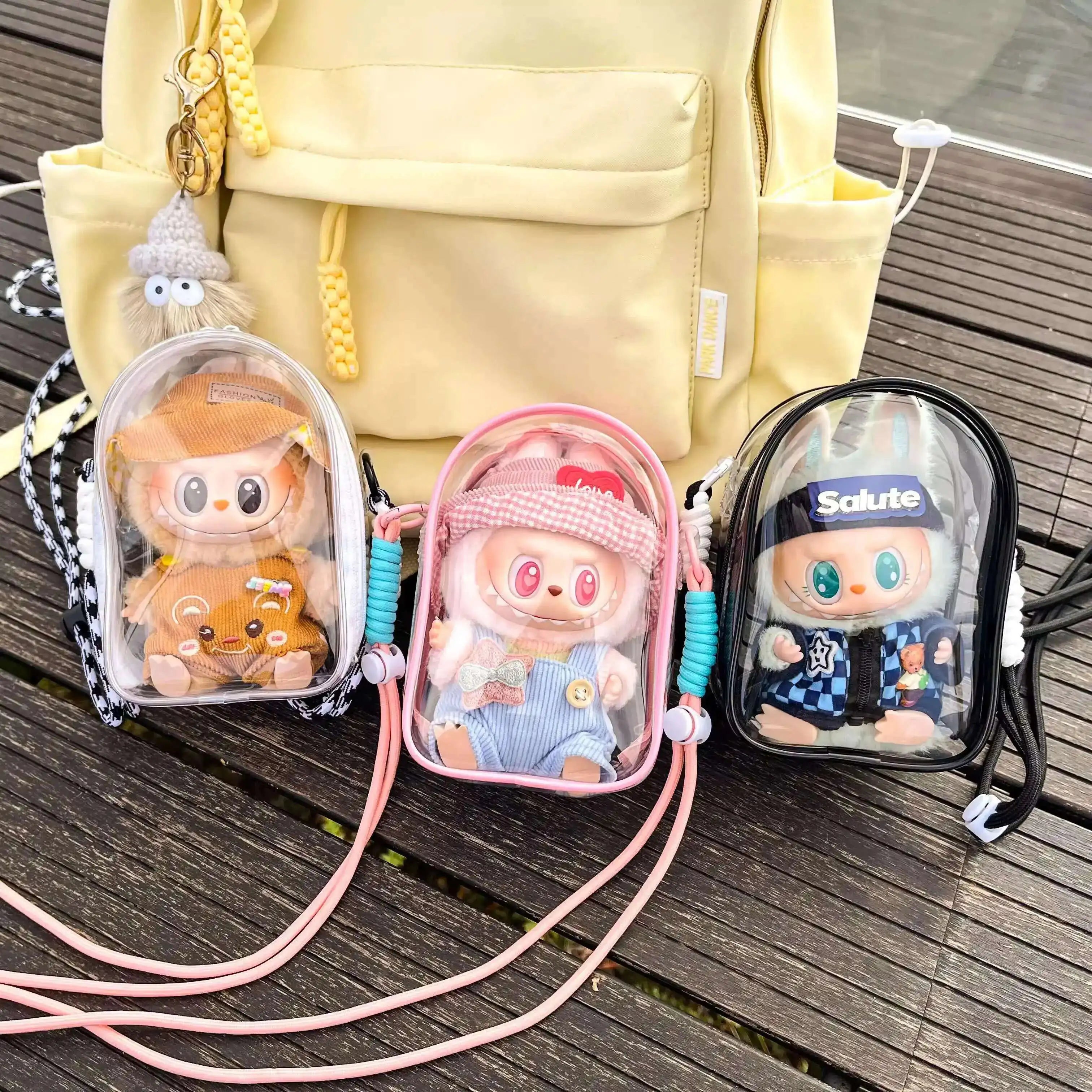 Labubu Protect Case Sitting Party 15cm Cotton Doll Shoulder Bag PVC Storage