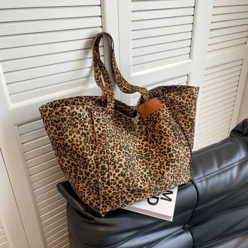 Oversized Leopard Print Shoulder Bag Women Canvas Large Capacity Shopping Tote