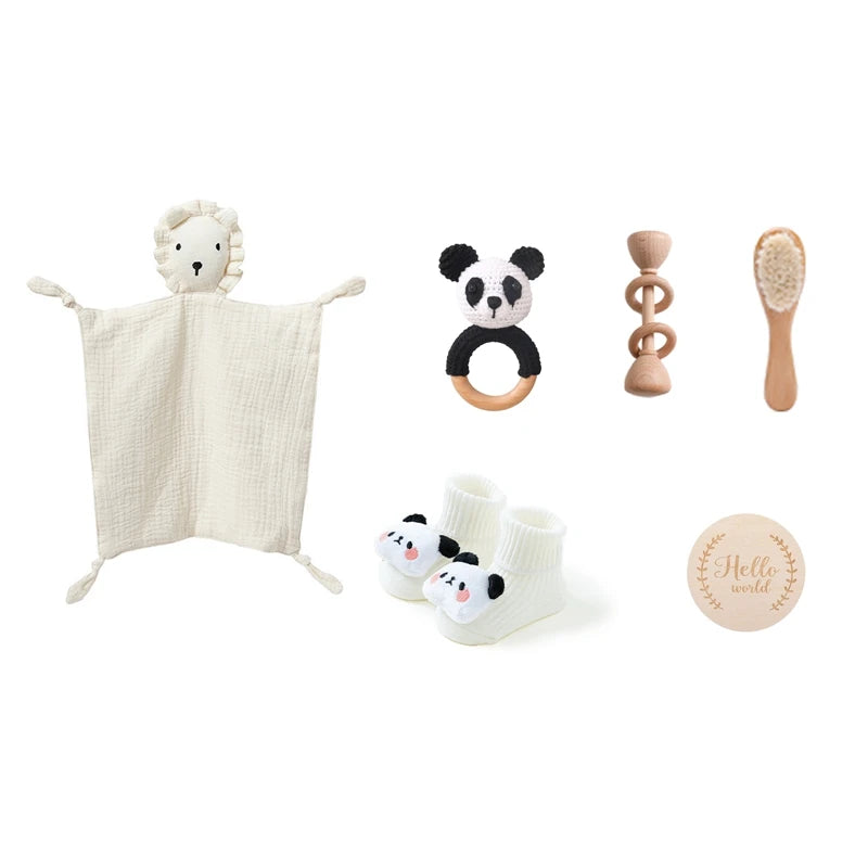 Baby Bath Set Cotton Blanket 7PCS Gift Box Wooden Crochet Rattle Brush Bracelet Towel For Baby Shower Gift