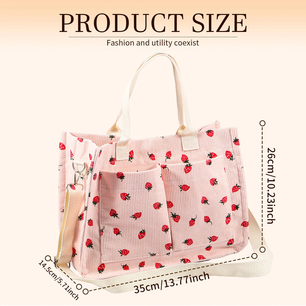 Tote Bag Cute Strawberry Patched Purse Women Fabric Large Capacity Purse Adjustable Shoulder