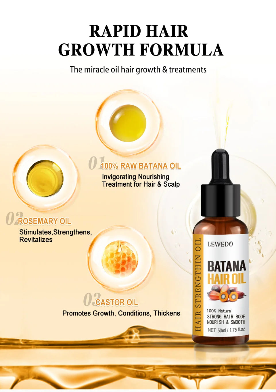 100% Pure Batana Hair Care Oil Growth Nourish Reduce Hair Loss Anti-Breakage Thickening