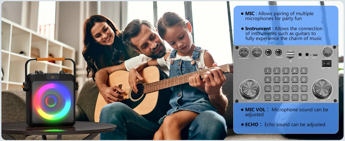 Karaoke Machine with 2 Wireless Microphones Portable Speaker LED Lights Kids Adults