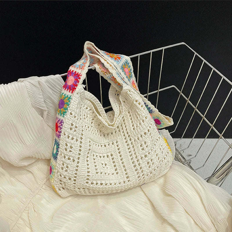 Large Capacity Boho Tote Bag Trendy Floral Crochet Vintage Multicolor Knitted Handbag
