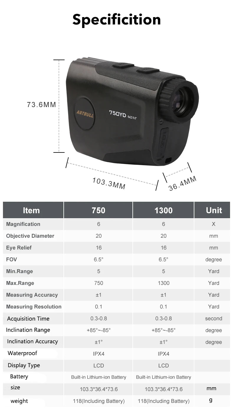 ARTBULL Laser Rangefinder Hunting Outdoor 1300yard 750yard 650m Golf Rangefinder with Flag-Lock Slope Adjusted Distance Meter