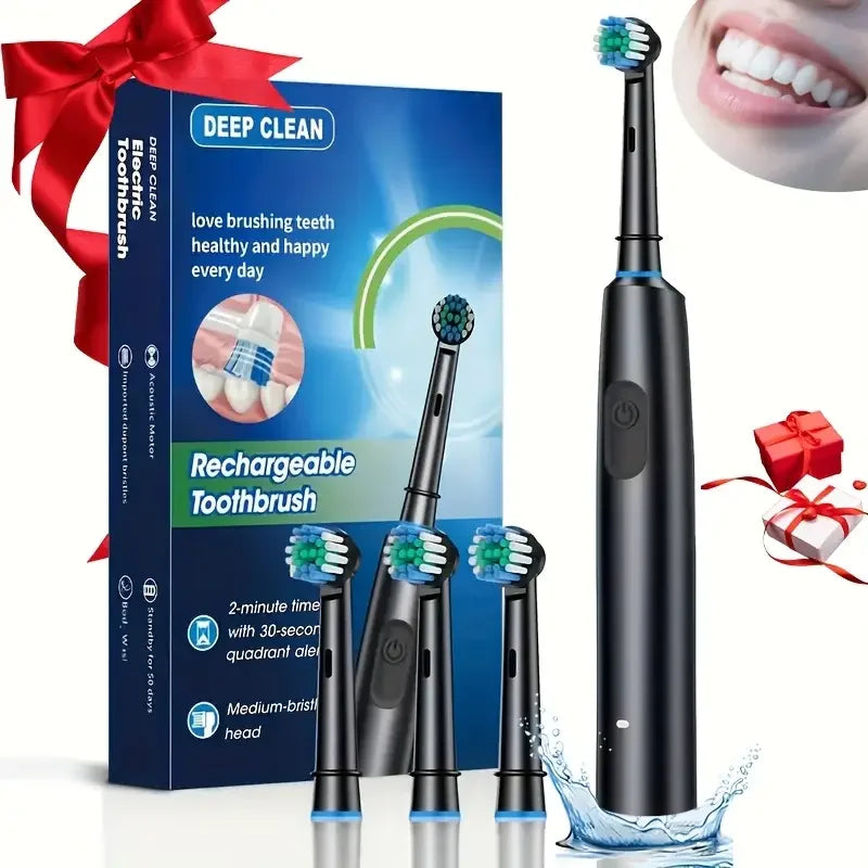 Round Rotating Electric Toothbrush Adults 5 Cleaning Modes USB Rechargeable 4/8 Replacement Heads